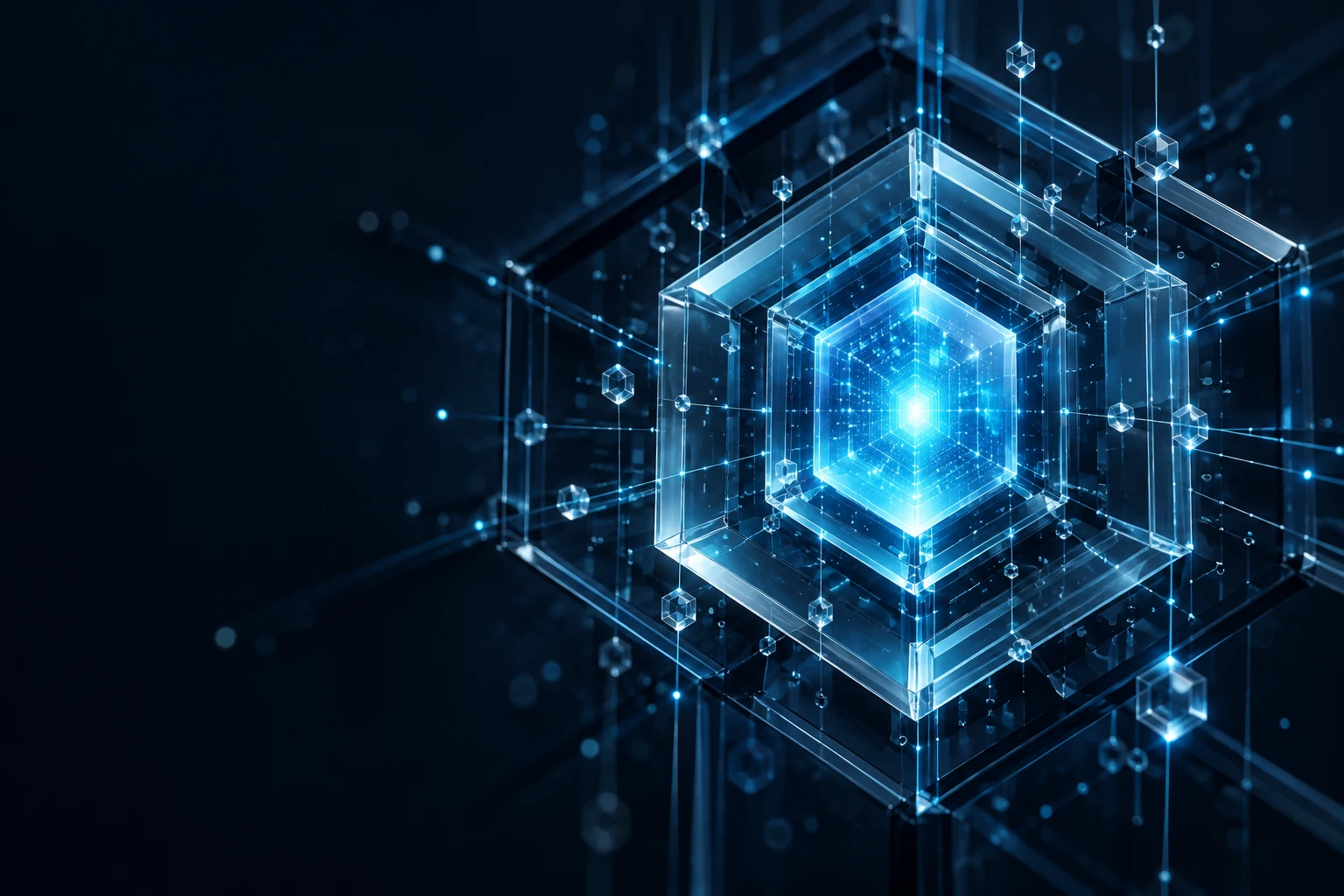 A luminous digital core connected by fine cyan data pathways